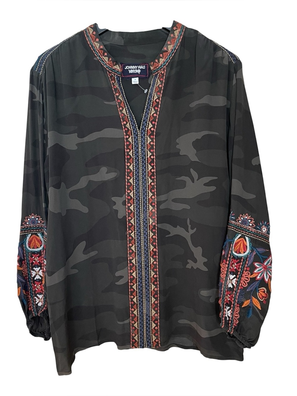 Johnny Was Laila Paris Workshop Silk Embroidered Camo Tunic Blouse M